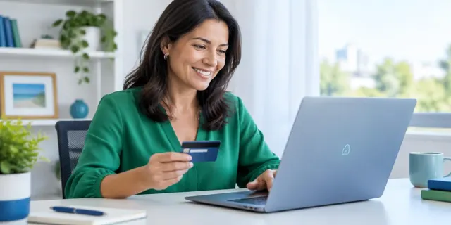Pessoa adulta sorrindo ao pagar com cartão no notebook